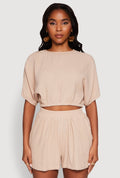 Chic Gauze Knit Crew Neck Cropped Blouse with Dolman Sleeves