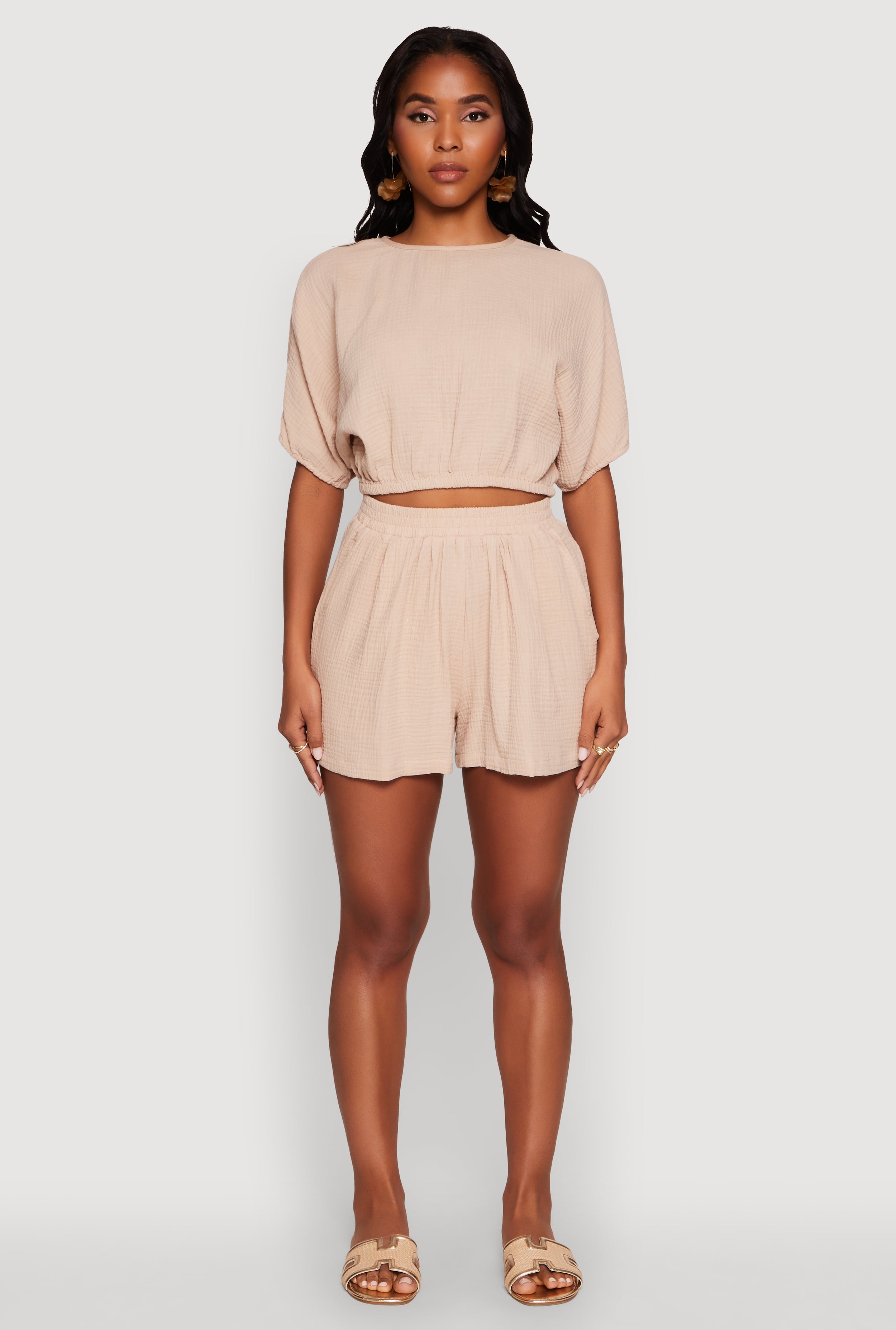 Chic Gauze Knit Crew Neck Cropped Blouse with Dolman Sleeves