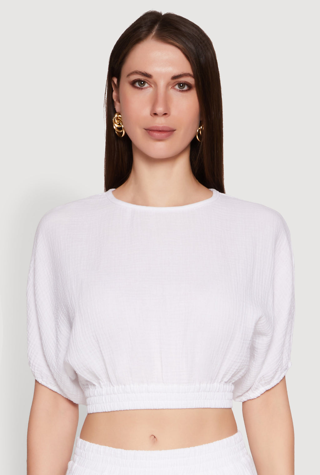 Chic Gauze Knit Crew Neck Cropped Blouse with Bubble Sleeves