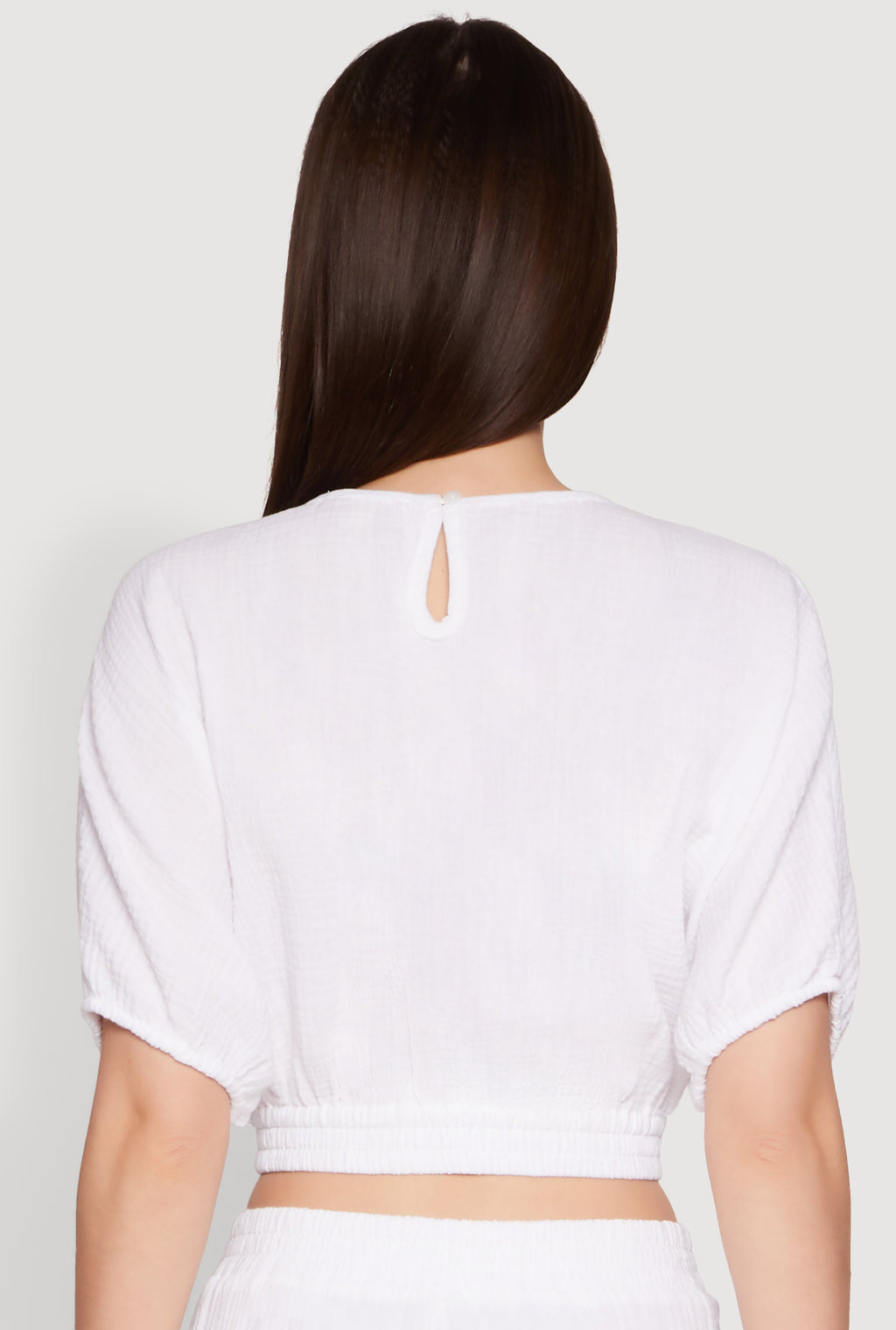 Chic Gauze Knit Crew Neck Cropped Blouse with Bubble Sleeves