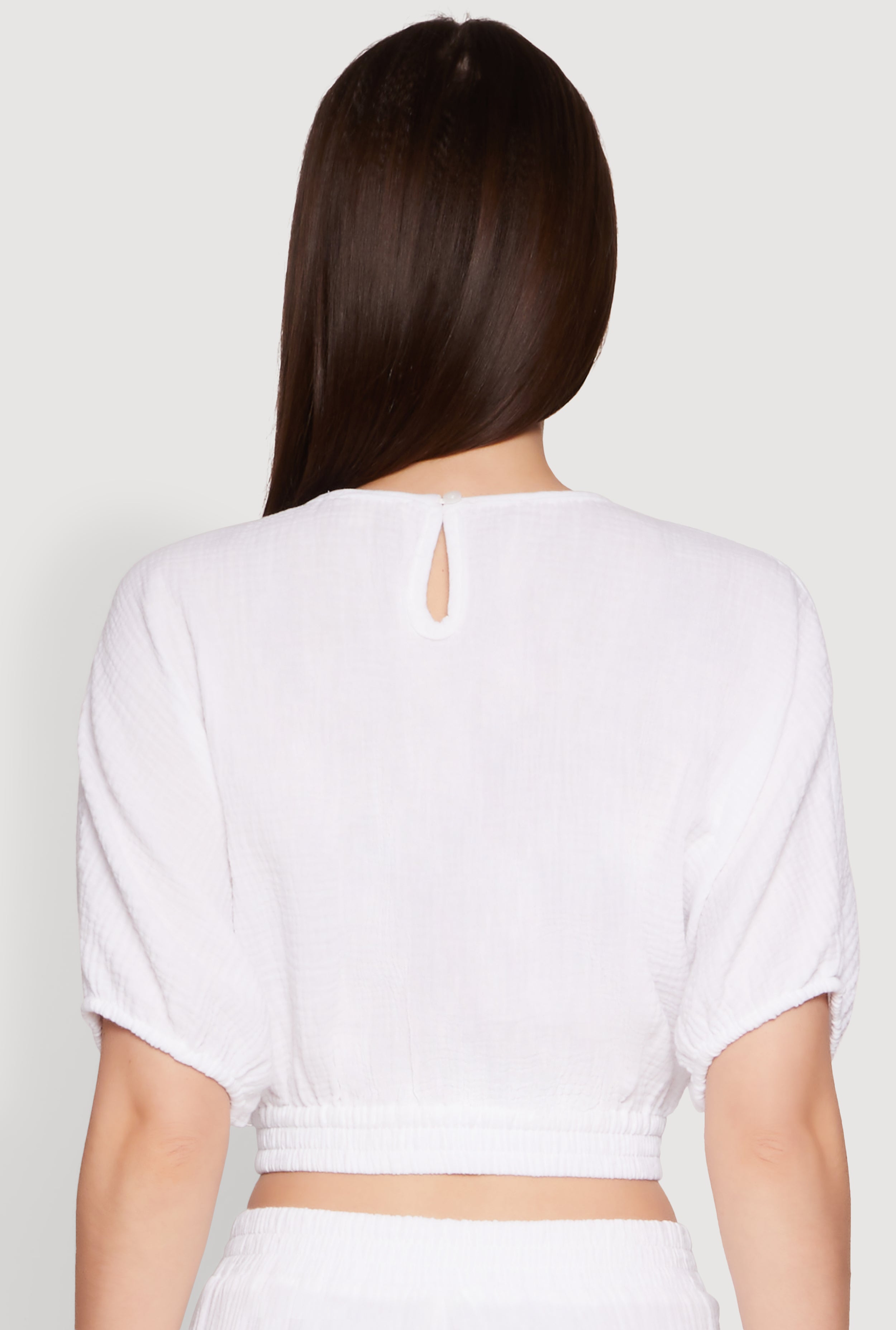 Chic Gauze Knit Crew Neck Cropped Blouse with Bubble Sleeves
