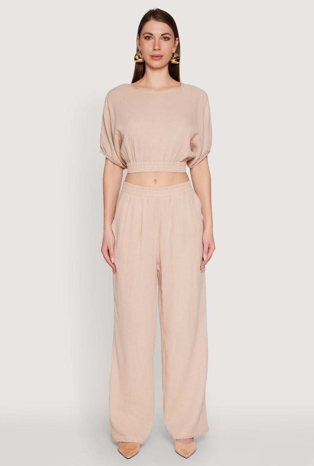 Chic Gauze Knit Crew Neck Cropped Blouse with Bubble Sleeves