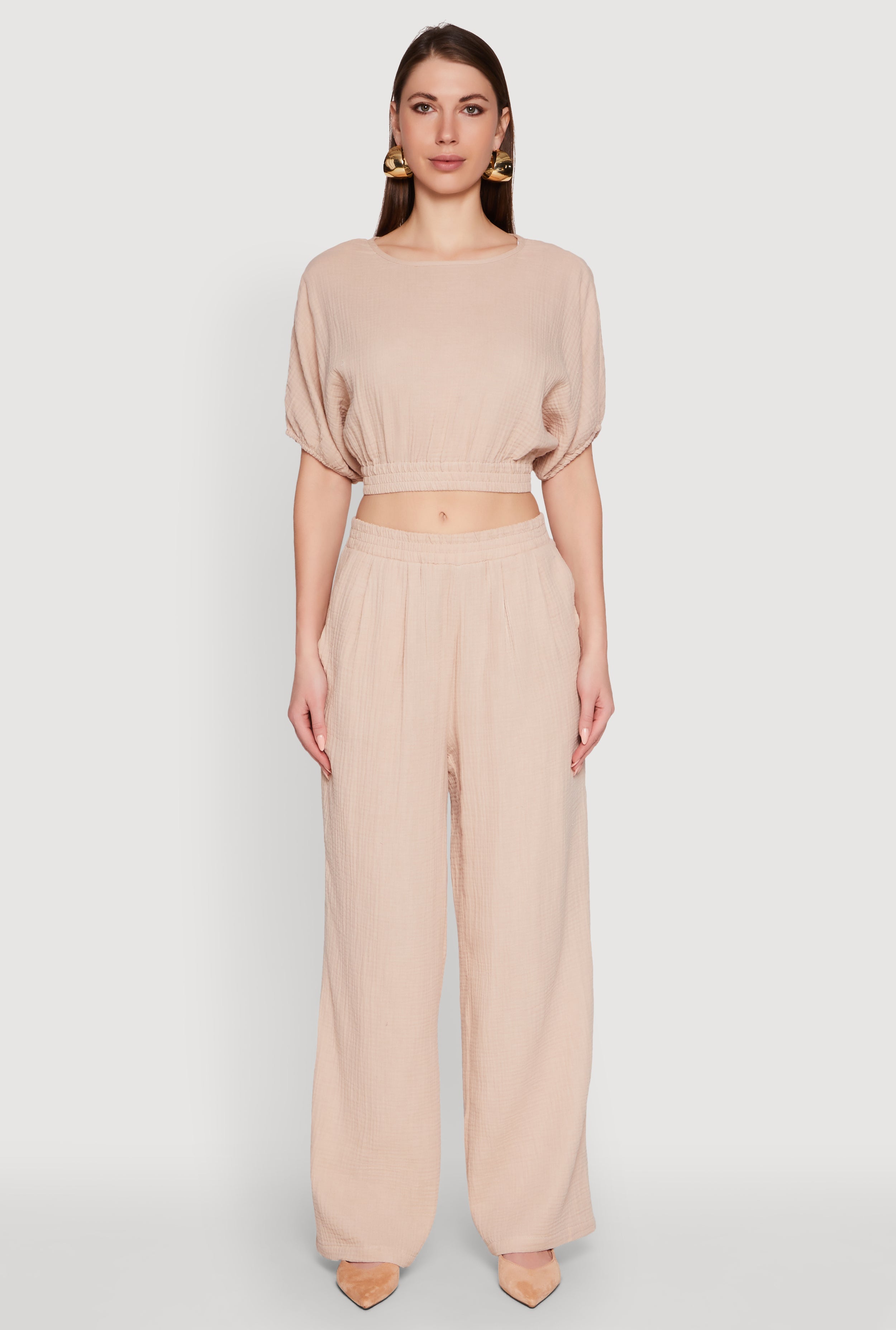Chic Gauze Knit Crew Neck Cropped Blouse with Bubble Sleeves