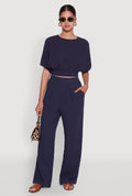 Chic Gauze Knit Crew Neck Cropped Blouse with Bubble Sleeves