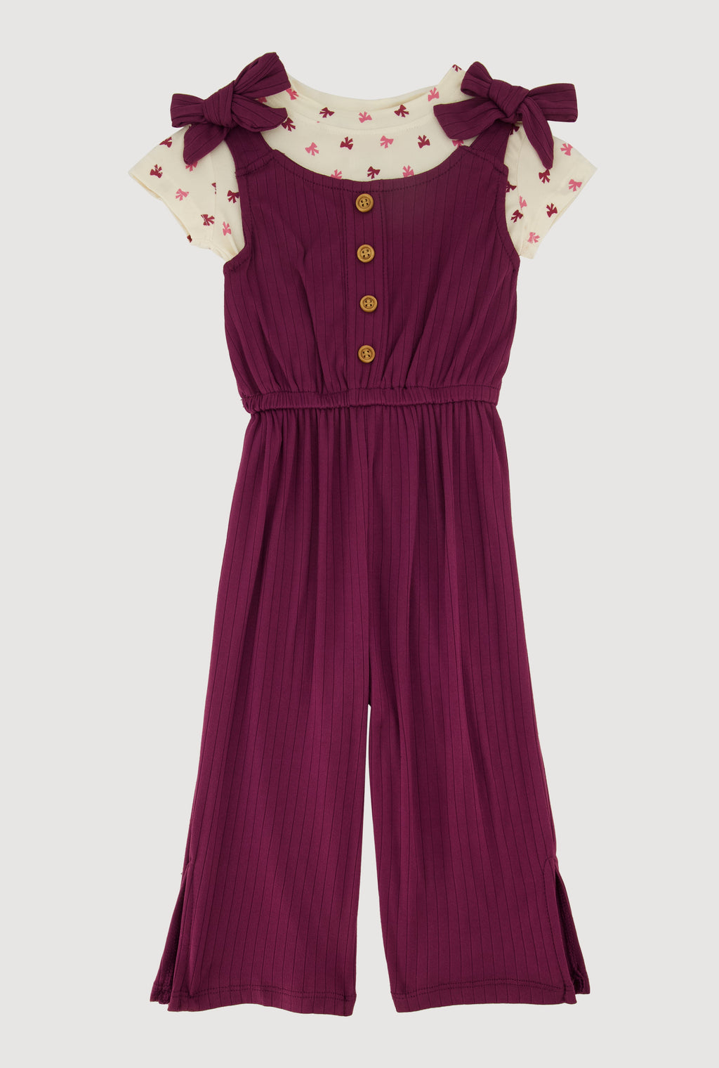 Toddler Girls Bow Strap Jumpsuit with Bow Print Tee