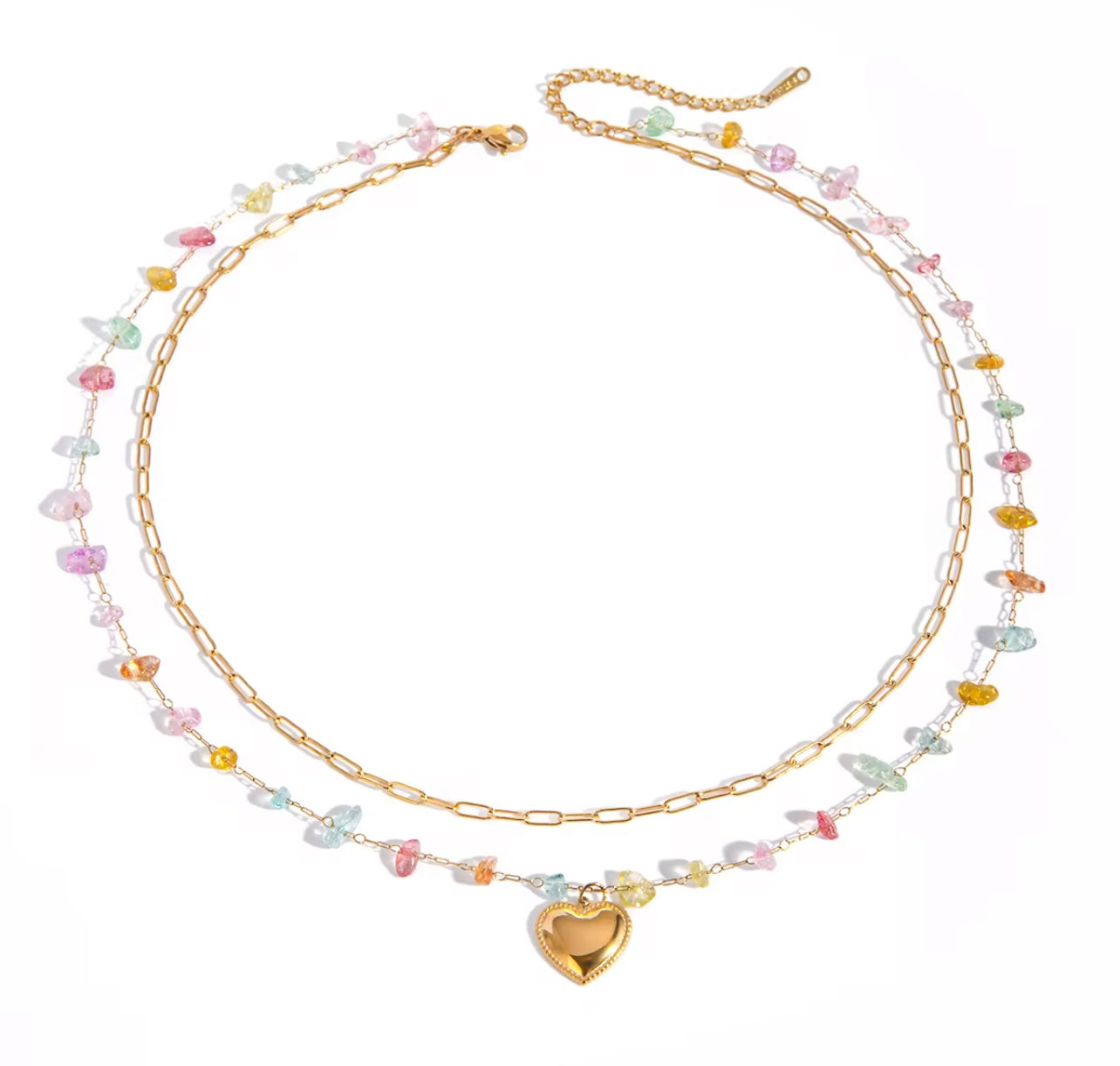 Heart + Colorful Rock Double Necklace