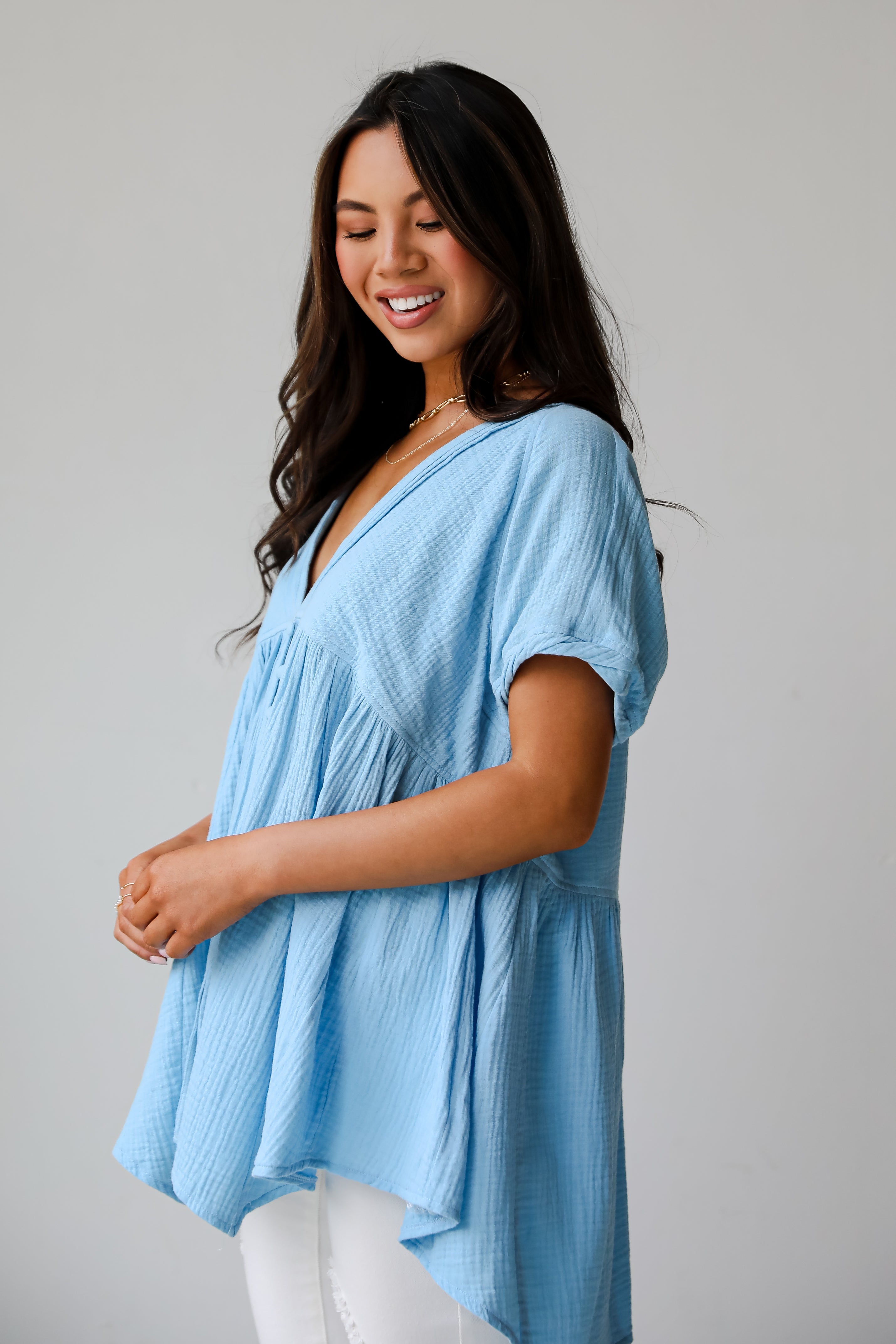 FINAL SALE - Blissful Icon Light Blue Linen Blouse