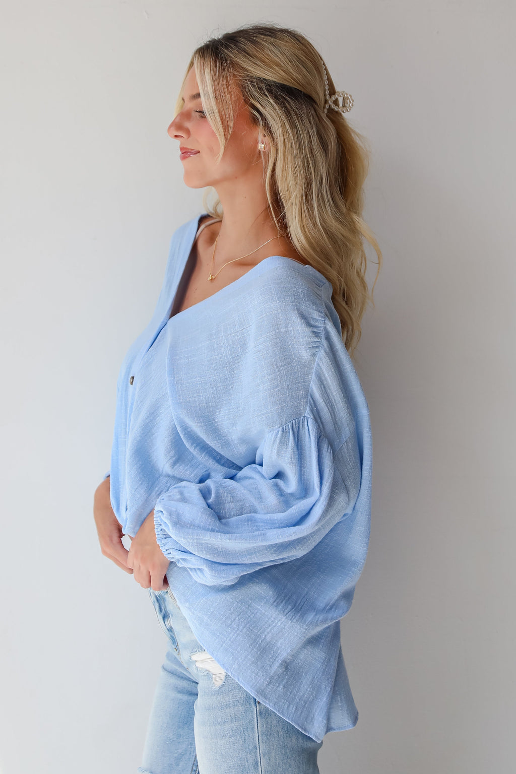 FINAL SALE - Sleek Dedication Light Blue Linen Blouse